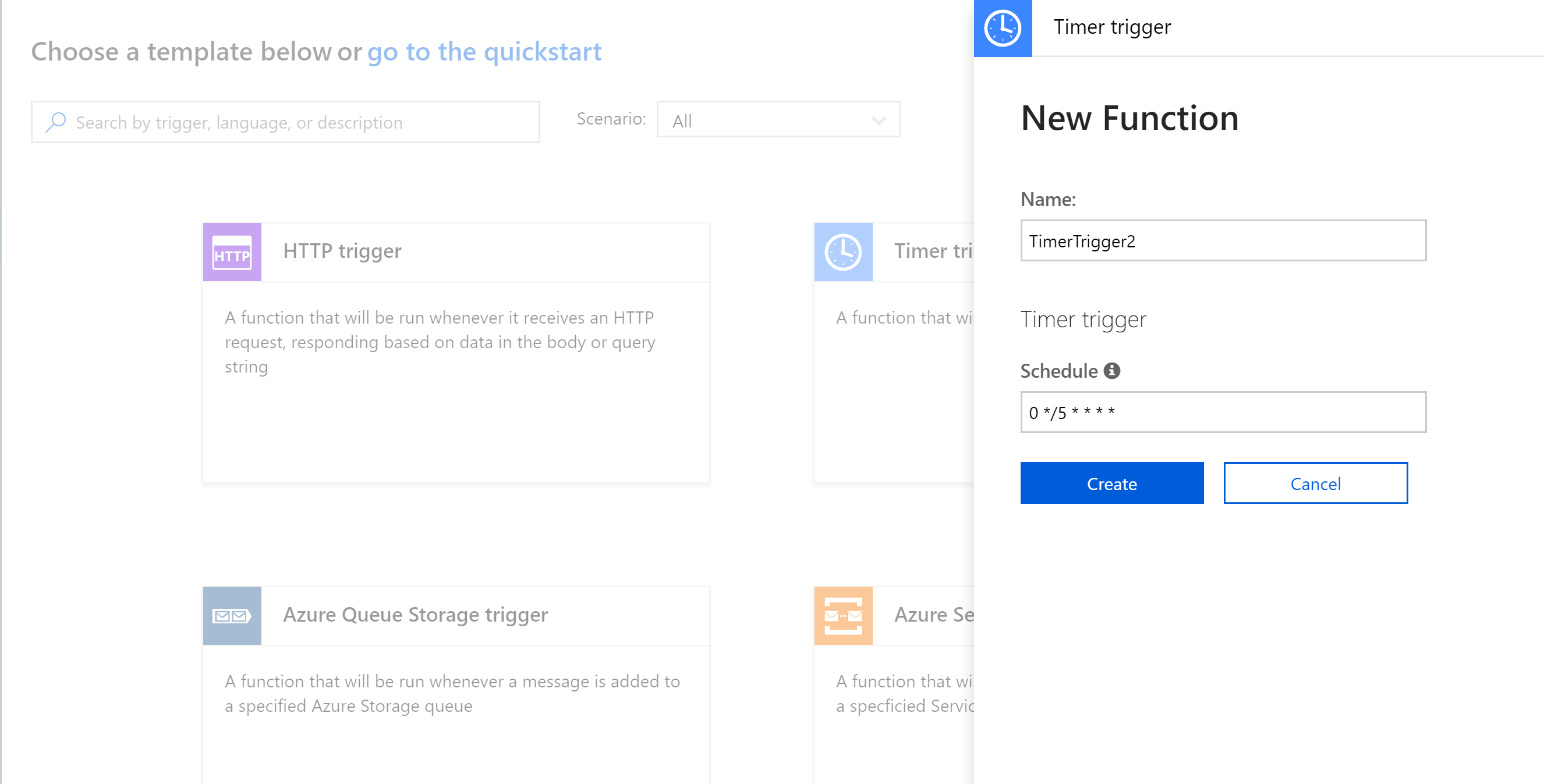 New timer trigger Azure Function dialog alt text